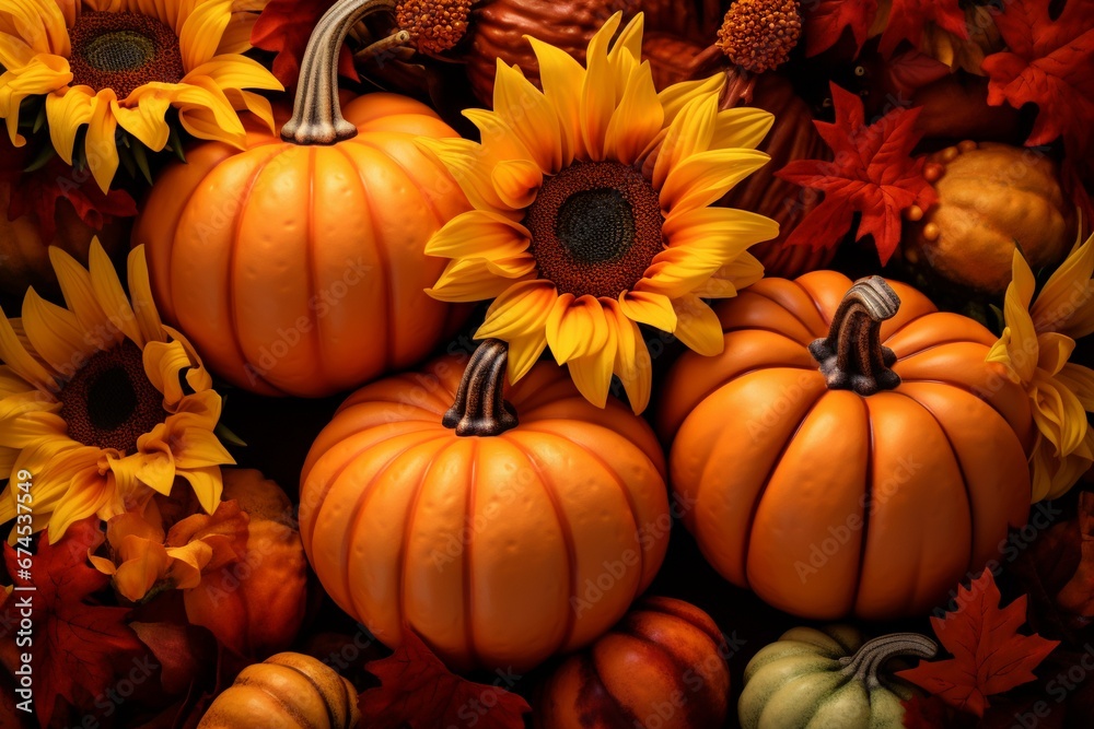 Autumn's Palette: Pumpkins, Sunflowers, and Fall Foliage Adorned in a Seasonal Backdrop Autumn's Palette: Pumpkins, Sunflowers, and Fall Foliage Adorned in a Seasonal Backdrop