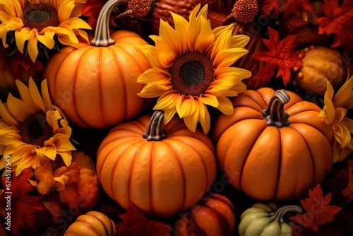 Autumn s Palette  Pumpkins  Sunflowers  and Fall Foliage Adorned in a Seasonal Backdrop