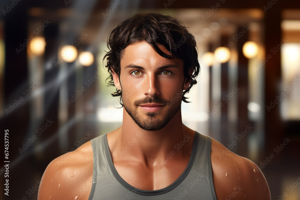 portrait of bodybuilder resting in gym while looking at camera. Healthy lifestyle. personal trainer portrait of bodybuilder resting in gym while looking at camera. Healthy lifestyle. personal trainer