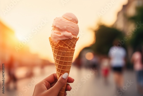 Neon Indulgence: Female Hand with Ice Cream Cone - A Fusion of Food and Travel Delight