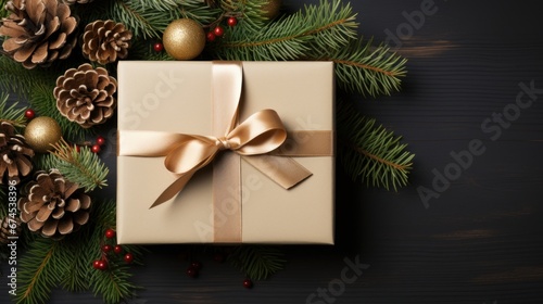 Christmas flat lay with gift box and spruce branches, top view, copy space. AI generated © PandaStockArt