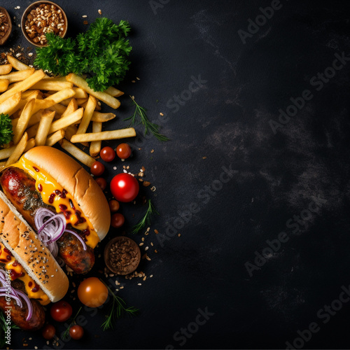 a burger, a hot dog, fries, steak on the dark countertop. Top view. Empty space for text