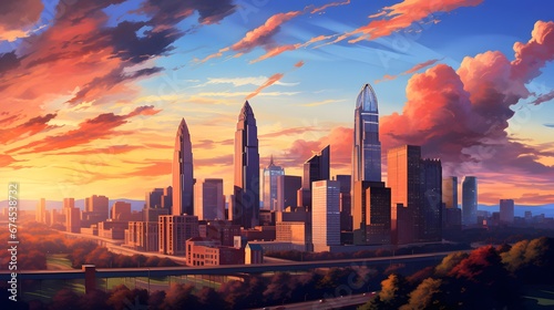 Panoramic view of the city skyline at sunset. 3D rendering