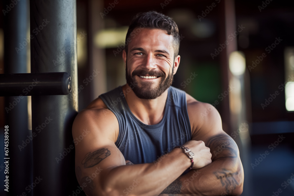 portrait of bodybuilder resting in gym while looking at camera. Healthy lifestyle. personal trainer portrait of bodybuilder resting in gym while looking at camera. Healthy lifestyle. personal trainer