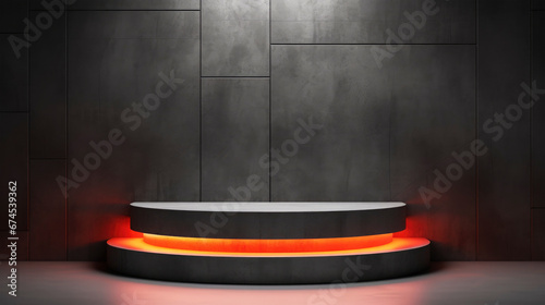 Grey gray, room or scene with concret wall and podium with orange ligtht on the ground, for product presentation photo