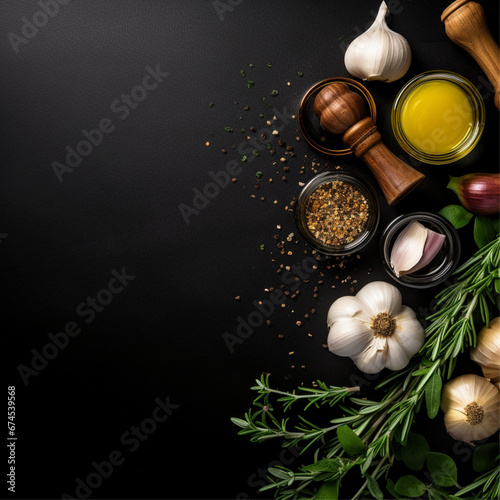 appetizing garlic, olive oil and herbs on the dark countertop. Top view. Empty space for text