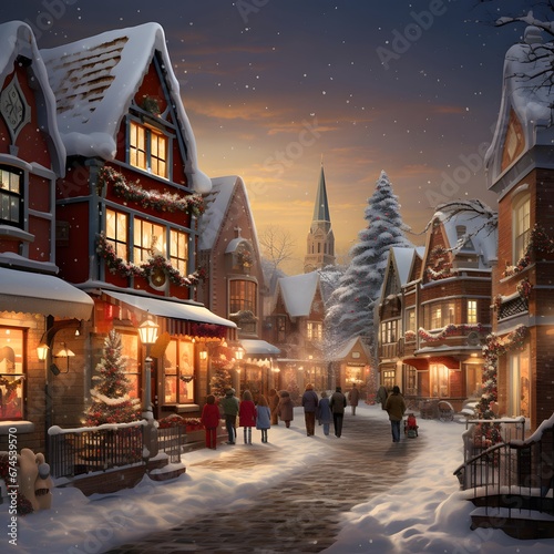 Digital painting of christmas town at night with people walking in snow © Iman