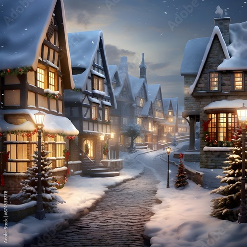 Beautiful winter village with houses in the snow. 3d rendering