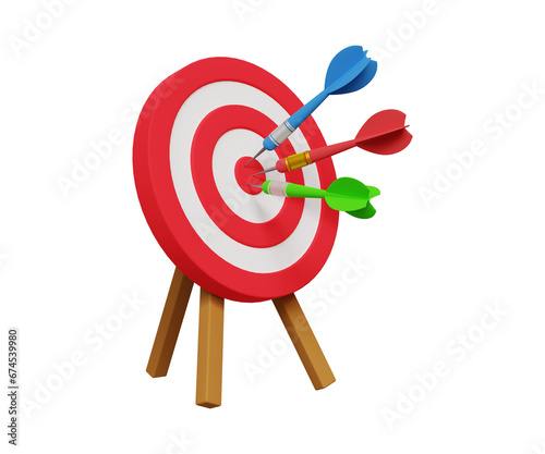 3D business challenge concept. Setting goals correctly. Multiple arrows hitting the center of target. 3d illustration © DETHAL