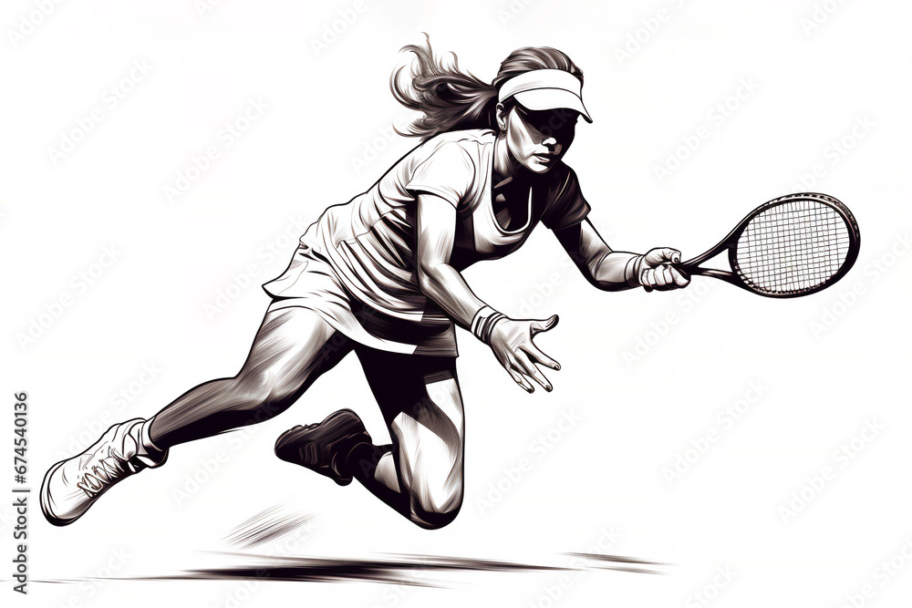 Silhouette of an athlete female tennis player at a match sport tournament event competition, exemplifying athleticism and competitive spirit, computer Generative AI stock illustration image - obrazy, fototapety, plakaty 