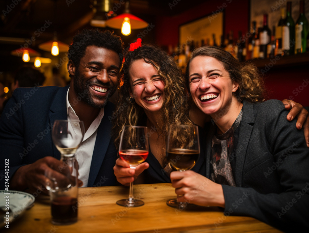 Radiant Trio Celebrates with a Toast in an Intimate Setting, Capturing the Essence of Joy and Connection