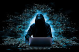 A hooded figure hacking data servers and laptops on the internet while trying to hack vulnerable systems to test cybersecurity and plant a virus or malware, Generative AI stock illustration image