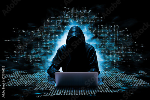 A hooded figure hacking data servers and laptops on the internet while trying to hack vulnerable systems to test cybersecurity and plant a virus or malware, Generative AI stock illustration image photo
