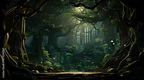 Mysterious dark green forest. Fantasy landscape. 3D illustration