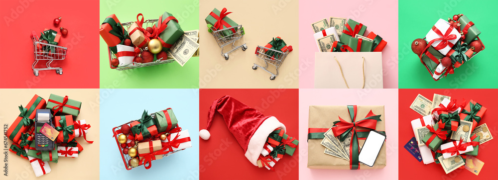 Collage of Christmas gifts with shopping carts, payment terminal and money on color background