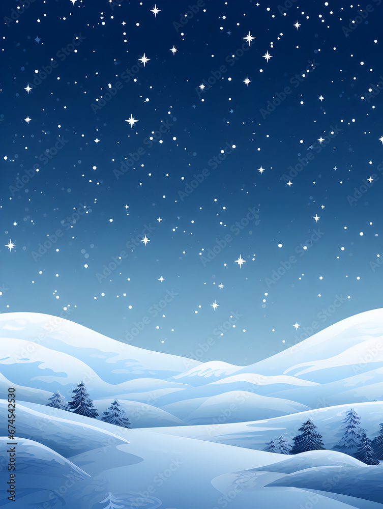 Serene minimalist winter night landscape with glowing stars over snow-covered mountains and forest.