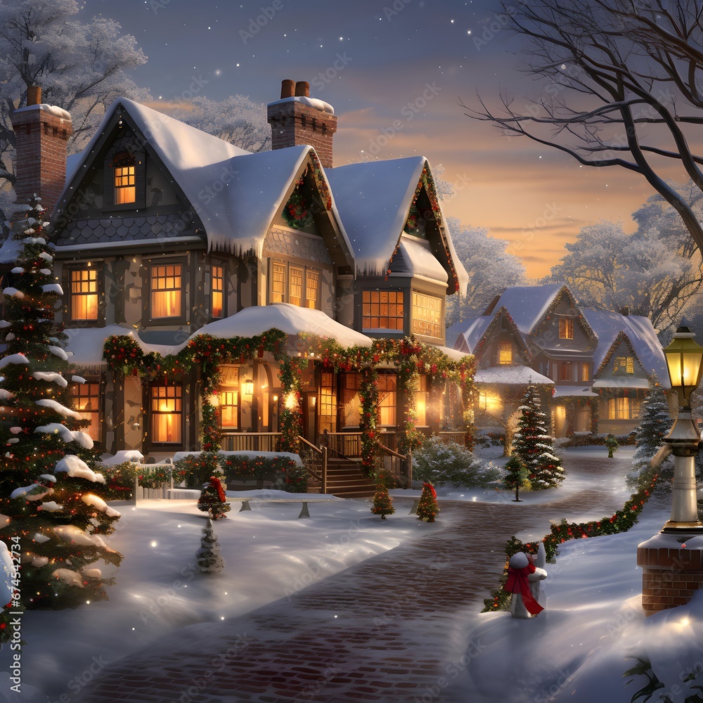 Winter night in the town. Christmas and New Year holidays background.