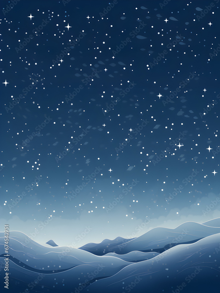 Fototapeta premium Serene minimalist winter night landscape with glowing stars over snow-covered mountains and forest.