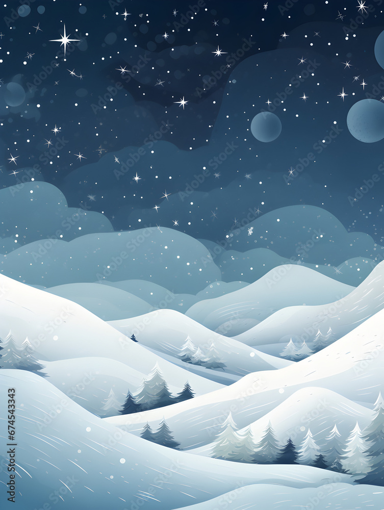 Serene winter night landscape with glowing moon and stars over snow-covered mountains and forest.