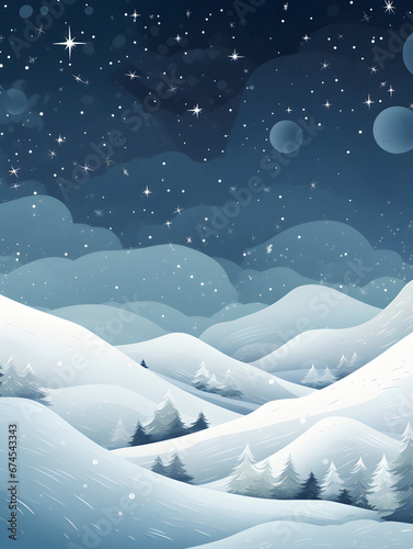 Serene winter night landscape with glowing moon and stars over snow-covered mountains and forest. © Jan