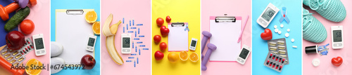 Collage of glucometer with pills, sports equipment and healthy ptoducts on color background photo