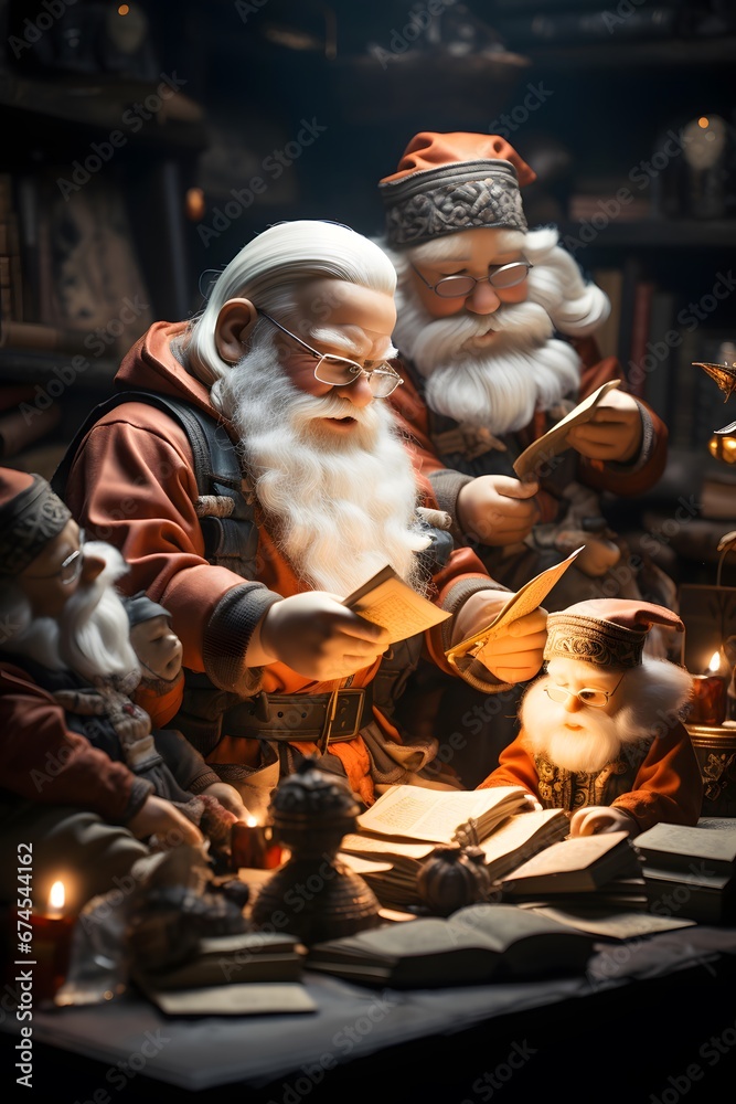 Santa Claus reading a book. Christmas and New Year holidays concept.