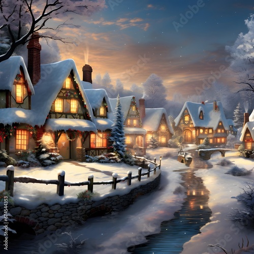 Winter village in the snow at night. Digital painting. Christmas.