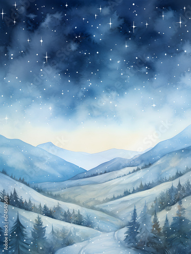 Watercolor winter landscape with pine trees and a star-filled night sky, conveying a serene, magical scene. Vertical 3:4 ratio © Jan
