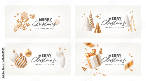 Set of winter holiday greeting card with Christmas tree and golden decorations. New year and christmas greeting design. 3d render vector illustration.