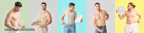 Foto Set of men after weight loss on color background