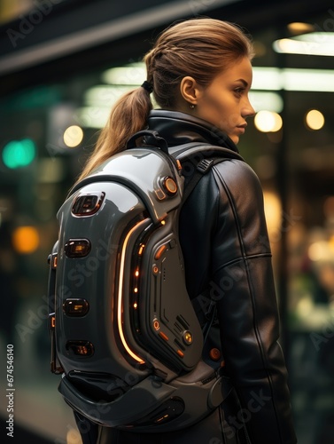 Young beautiful woman with futuristic high tech backpack. Science Fiction concept.