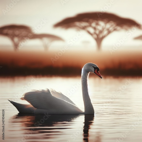 swan on sunset on the lake animal background for social media