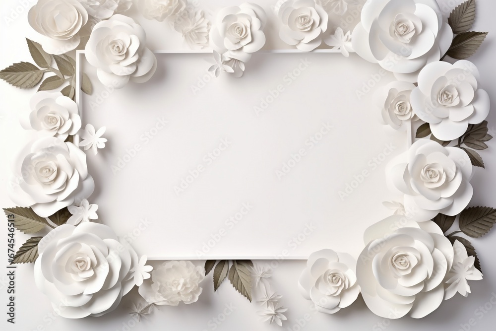 White Frame with Paper Flowers and Copy Space