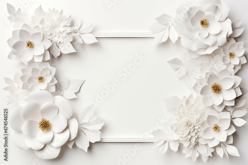 White Frame with Paper Flowers and Copy Space