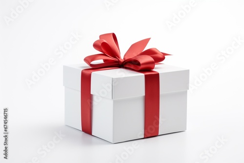 White Gift Box with Red Ribbon on White Background