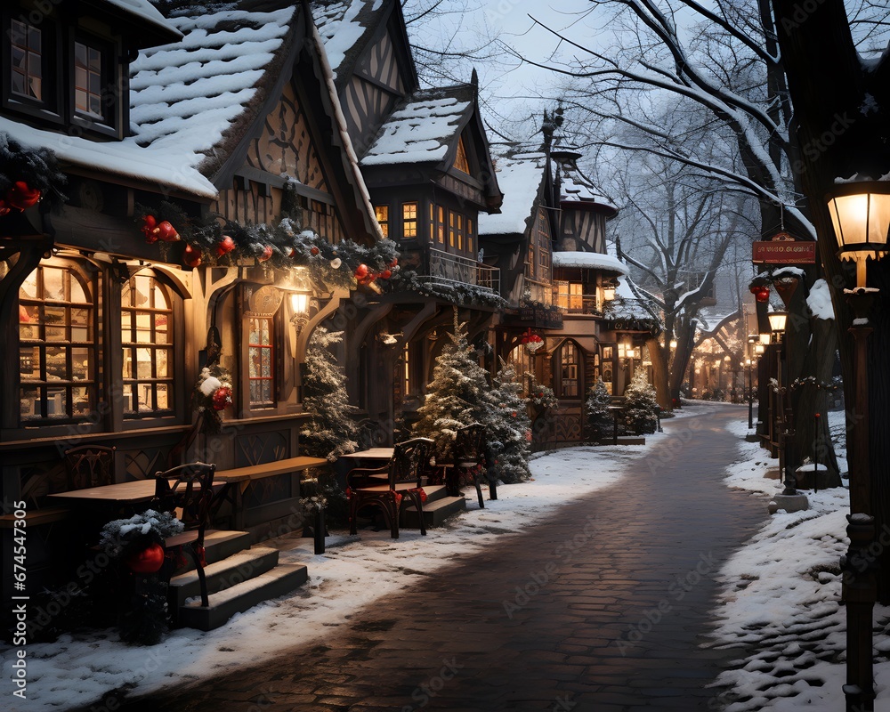 Winter evening in a cozy european village. Beautiful winter night in european city.