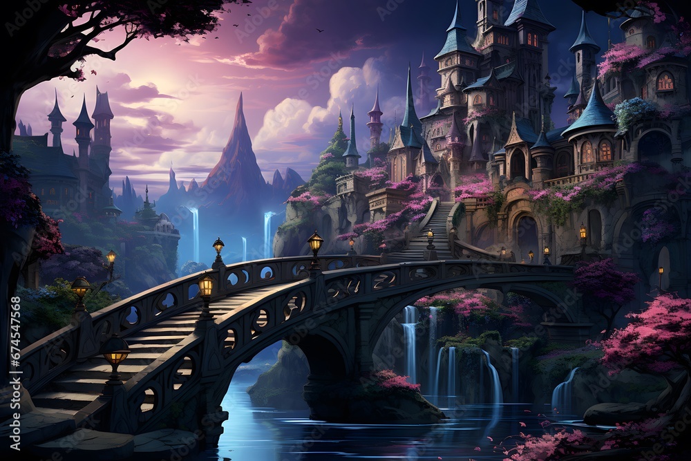 Beautiful fantasy landscape with castle and bridge, 3d render illustration