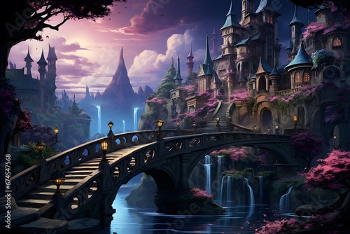 Beautiful fantasy landscape with castle and bridge, 3d render illustration