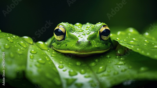 Frog's captivating gaze amidst lush leaves, a wildlife portrait in the rainforest.