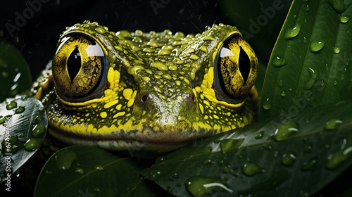 Frog's captivating gaze amidst lush leaves, a wildlife portrait in the rainforest.