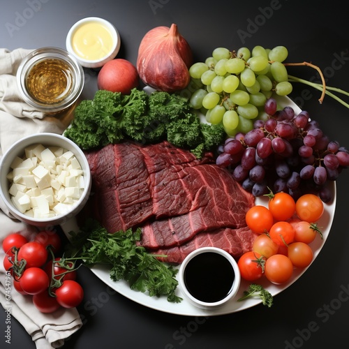 Raw beef steaks, fresh vegetables including spices, and a variety of green herbs on a light background. Selection of protein and nutrients ingredients, Concept: for a healthy diet