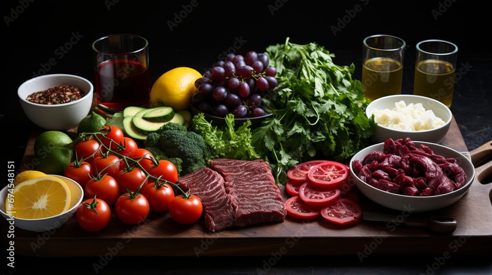 Raw beef steaks, fresh vegetables including spices, and a variety of green herbs on a light background. Selection of protein and nutrients ingredients, Concept: for a healthy diet Raw beef steaks, fresh vegetables including spices, and a variety of green herbs on a light background. Selection of protein and nutrients ingredients, Concept: for a healthy diet