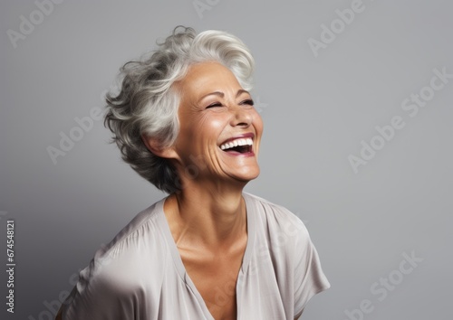Portrait of mature woman laughing, AI generated