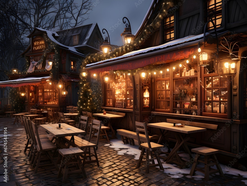 Christmas restaurant at night with lights and christmas decorations, 3d rendering