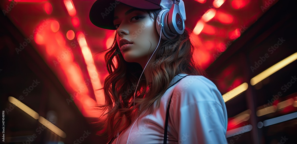 Dziewczyna słuchająca muzyki w słuchawkach i czapeczce z daszkiem na neonowym tle.  - obrazy, fototapety, plakaty 