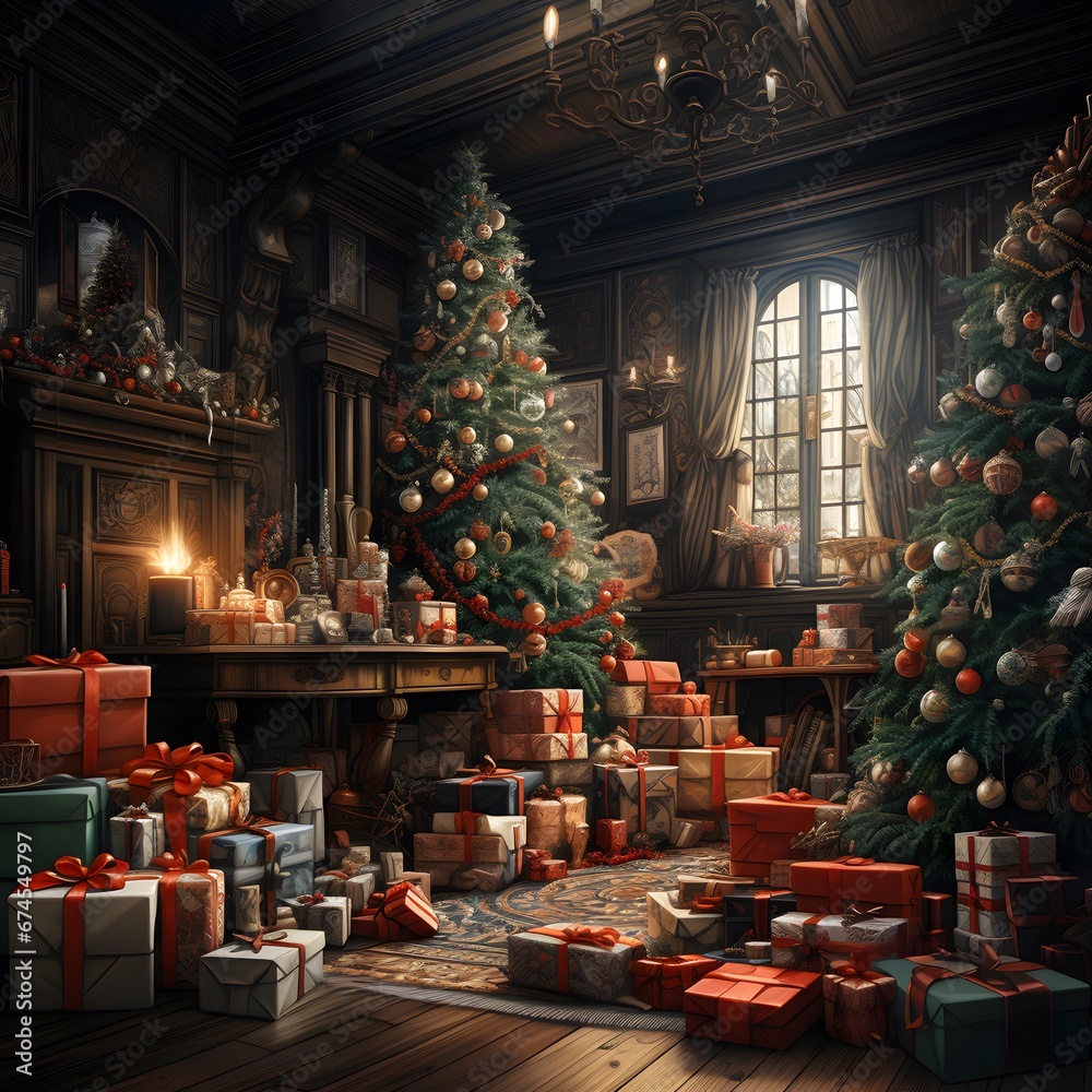 Christmas tree with presents in the interior of the room. 3d illustration