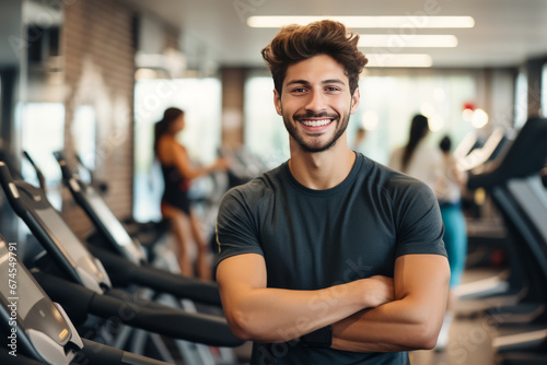 portrait of young muscular man resting in gym while looking at camera. Healthy lifestyle photo