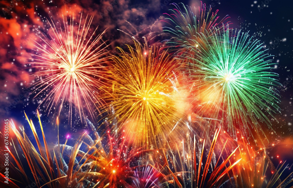 Vivid 3D New Year card with realistic fireworks, sparking joy and celebration Vivid 3D New Year card with realistic fireworks, sparking joy and celebration