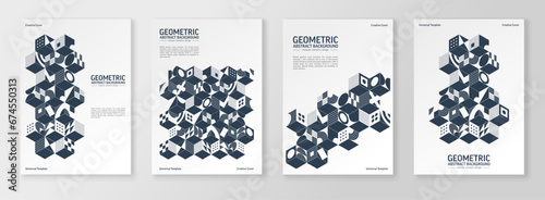 Geometric Retro Pattern. Isometric Abstract Shape Background. Modern Monochrome Vector Art. Cube, 3d Box, Square and Hexagon Shape Grid. Architecture Graphic Design. Cover, Poster, Vintage Banner set
