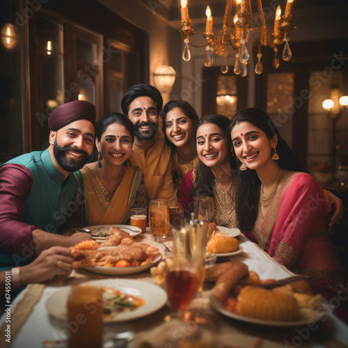 indian sikh religious family enjoying dinner on traditional festival at home